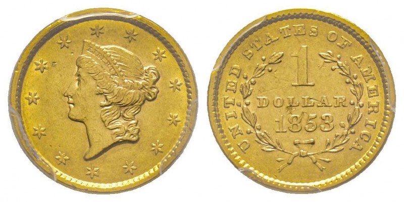 1 Dollar, Philadelphia, 1853, AU 1.67 g. 
Ref : Fr. 84, KM#73
Conservation : PCG...