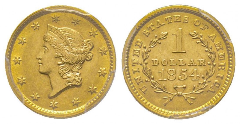 1 Dollar, Philadelphia, 1854, AU 1.67 g. 
Ref : Fr. 84, KM#73
Conservation : PCG...