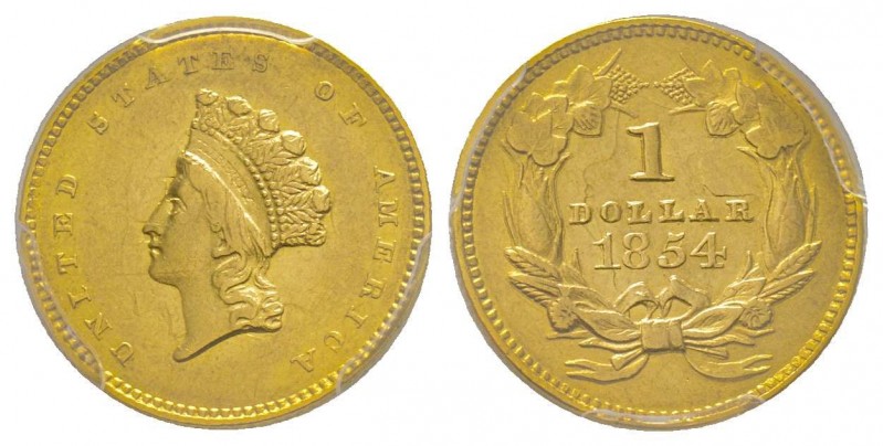 1 Dollar, Philadelphia, 1854, AU 1.67 g. 
Ref : Fr. 89, KM#83
Conservation : PCG...