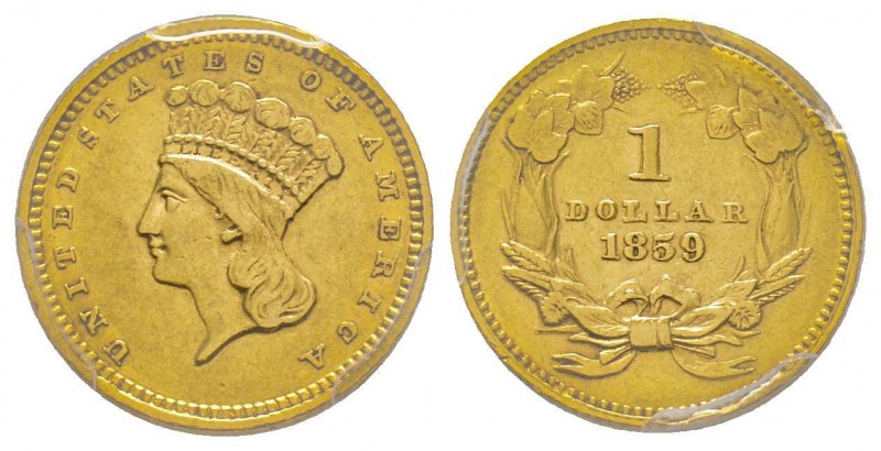 1 Dollar, Philadelphia, 1859, AU 1.67 g. 
Ref : Fr. 94, KM#86
Conservation : PCG...