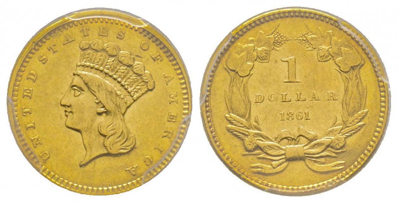 1 Dollar, Philadelphia, 1861, AU 1.67 g. 
Ref : Fr. 94, KM#86
Conservation : PCG...