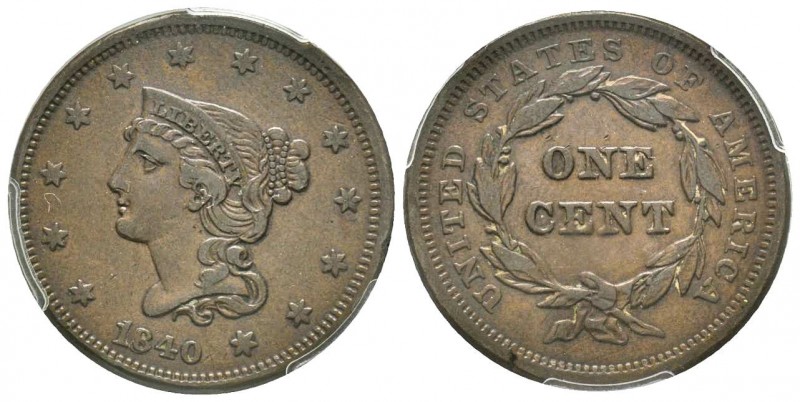 Large Cent, 1840 Small Date, Large 18, AE
Ref : KM#67
Conservation : PCGS VF35
