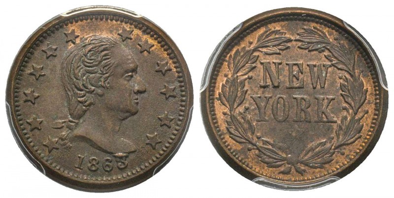 Patriotic token 1863, Copper
F-110/442
Washington New York
PCGS MS63 BN