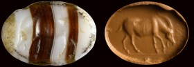 A roman italic banded agate intaglio. Antelope. 
2nd-1st century B.C. 
10 x 14 x 2 mm

The quadruped is facing left. Groundline. Use of globular e...