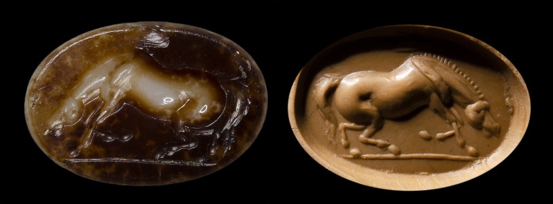 A fine roman two-layers agate intaglio. Horse.
1st - 2nd century A.D.
10 x 15 ...
