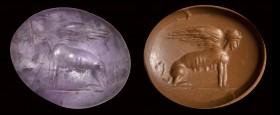 A roman amethyst intaglio. Sphinx. 
2nd - 3rd century A.D.
12 x 15 x 4 mm

The mythological creature is winged and facing left. Groundline. Wear m...