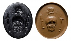 A roman late republican black onyx intaglio. Memento mori. Allegorical emblema.
1st century B.C. - 1st century A.D.
10 x 12 x 2 mm

This unusual l...