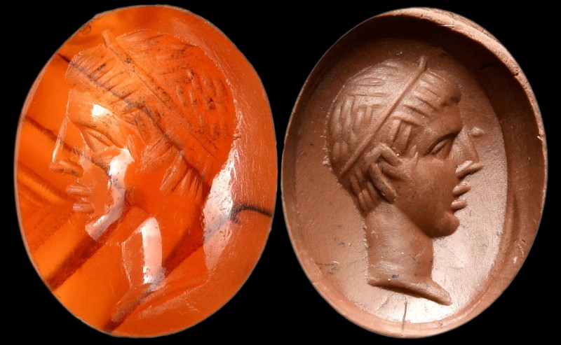 A roman agate intaglio. Head of a young man. 
1st - 2nd century A.D.
10 x 8 x ...