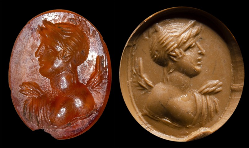 A roman carnelian intaglio. Bust of Nike.
1st - 2nd century A.D.
10 x 11 x 2 m...