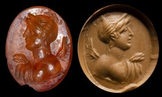 A roman carnelian intaglio. Bust of Nike.
1st - 2nd century A.D.
10 x 11 x 2 mm

The depiction, inspired by hellenistic models shows a bust of Nik...