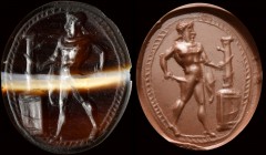 An italic banded agate intaglio. A warrior consults an oracle.
3rd - 2nd century B.C.
10 x 12 x 2 mm

A naked warrior armed with a sword turns to ...