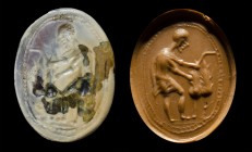 An italic burnt agate intaglio. Wheat harvest.
2nd - 1st century B.C.
9 x 13 x 2 mm 

An old male figure is facing left, harvesting wheat. Use of ...