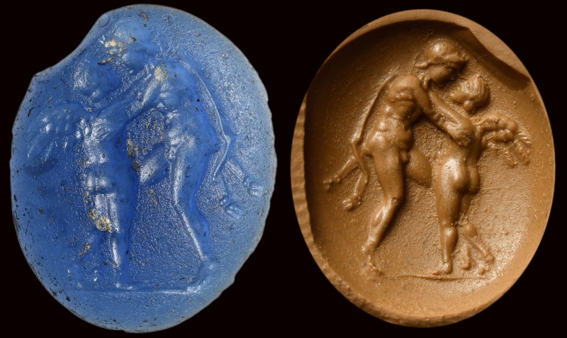 A roman blue glass intaglio. Two figures. 
1st century B.C. - 1st century A.D. ...