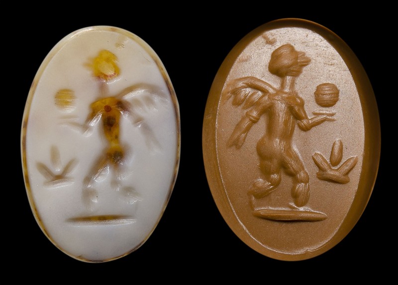A roman two-layers agate intaglio. Winged Eros with a globe. 
3rd - 4th century...