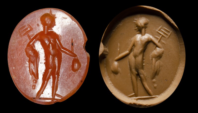 A roman carnelian intaglio. Mercury.
2nd - 3rd century A.D.
10 x 12 x 2 mm

...