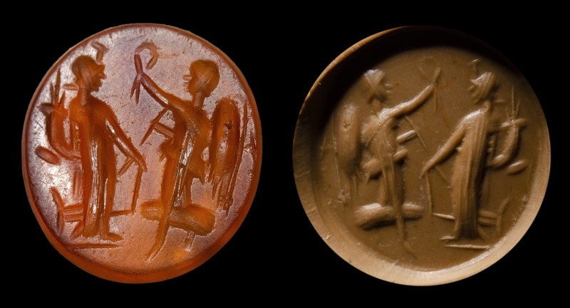A roman agate intaglio. Tyche and Victory. 
2nd century A.D.
9 x 10 x 2 mm

...