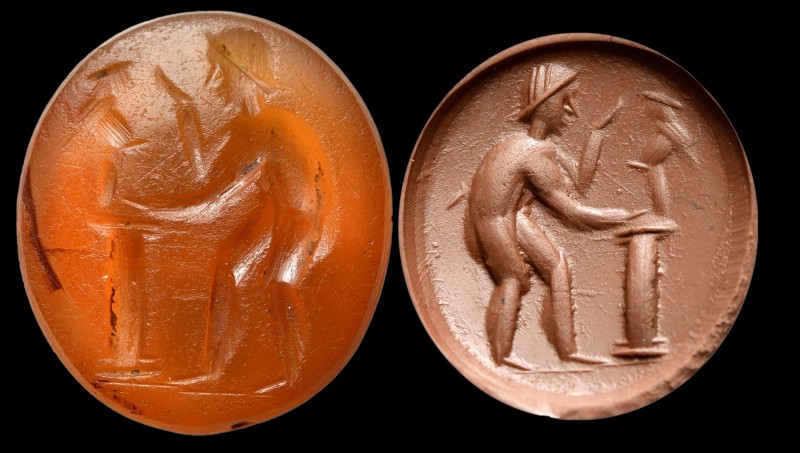 A roman carnelian intaglio. Priapic scene. 
2nd - 3rd century A.D.
13 x 11 x 4...