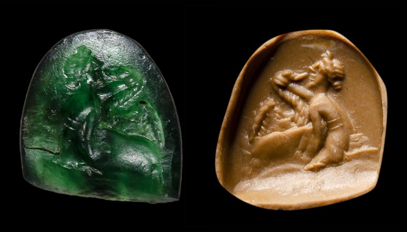 A fragmentary roman green chalcedony. Leda and the swan.
1st - 2nd century A.D....