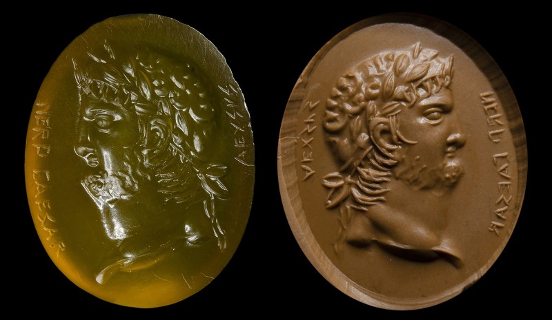 A postclassical yellow agate intaglio. Bust of Emperor Nero.
Circa 19th century...