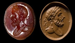 A postclassical century carnelian intaglio. Bust of an emperor.
16th - 18th century
16 x 18 x 2,5 mm

The laureated character is facing left. He w...