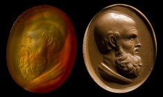 A postclassical agate intaglio. Bust of philosopher.
16th - 18th century
14 x 17 x 3 mm

The hold character is facing left, characterized by a thi...