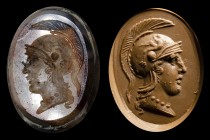 A large renaissance agate intaglio. Bust of Athena.
16th century 
20 x 27 x 4 mm

The goddess is facing left, wearing a large crested-helmet decor...