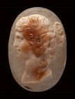 A fine neoclassical agate cameo. Female bust. 
19th century
20 x 28 x 8 mm

The youthful draped bust is characterized by thick hair gathered on th...