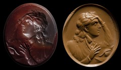 A large and unusual georgian agate seal intaglio. An english poet.
End of 18th century 
21 x 25 x 4 mm

The character is facing left in the act of...