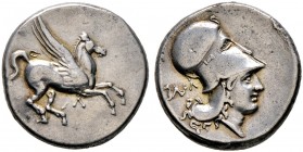 Akarnania. Leukas 
Stater um 350 v. Chr. Pegasos nach rechts fliegend, darunter liegendes "V" / Kopf der Athena mit korinthischem Helm nach rechts, d...