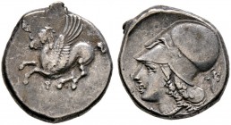 Korinthia. Korinthos 
Stater ca. 400-350 v. Chr. Pegasos nach links fliegend, darunter Koppa / Kopf der Athena mit korinthischem Helm nach links, dah...