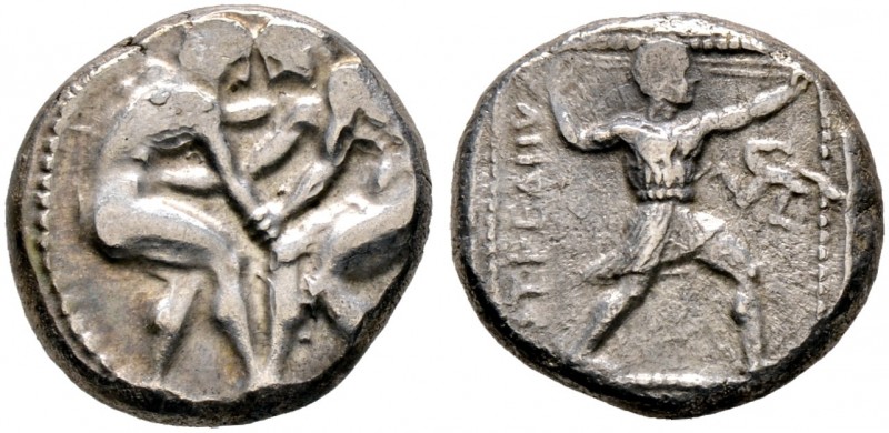 Pamphylia. Aspendos 
Stater 4. Jh. v.Chr. Zwei Ringer / Schleuderer und Triskel...