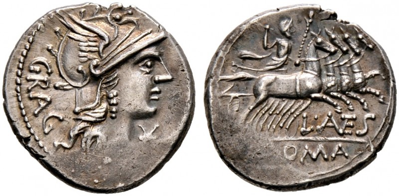 Römische Republik. L.A. Gragulus 136 v. Chr 
Denar -Rom-. Romakopf mit Flügelhe...
