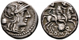 Römische Republik. T. Quinctius Flaminius 126 v. Chr 
Denar -Rom-. Romakopf mit Flügelhelm nach rechts, dahinter Apex, davor Wertzeichen / Die Diosku...