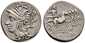 Römische Republik. L. Appuleius Saturninus 104 v. Chr 
Denar -Rom-. Romakopf mit Flügelhelm nach links / Saturn mit Harpa in Quadriga nach rechts, un...
