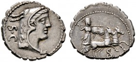 Römische Republik. L. Procilius 80 v. Chr 
Denar (Serratus) -Rom-. Kopf der Juno Sospita im Ziegenfell nach rechts, dahinter SC / Juno Sospita mit La...