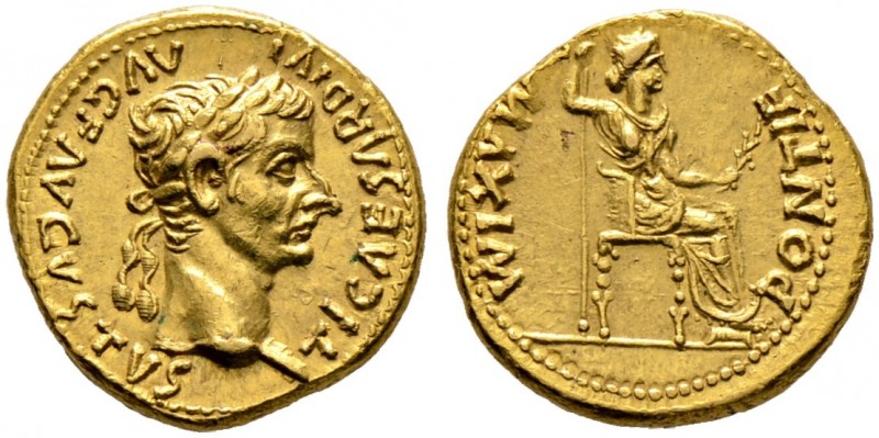 Kaiserzeit. Tiberius 14-37 
Aureus 14/17 -Lugdunum-. TI CAESAR DIVI AVG F AVGVS...