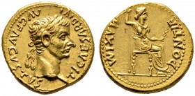 Kaiserzeit. Tiberius 14-37 
Aureus 14/17 -Lugdunum-. TI CAESAR DIVI AVG F AVGVSTVS. Belorbeerte Büste nach rechts / PONTIF MAXIM. Livia als Pax mit Z...