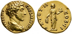 Kaiserzeit. Marcus Aurelius Caesar 138-161 
Aureus 147/148 -Rom-. AVRELIVS CAESAR AVG PII F. Bloße Büste im drapierten Harnisch nach rechts / TR POT ...