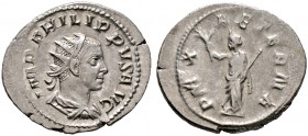 Kaiserzeit. Philippus II. 247-249, seit 244 Caesar 
Antoninian -Rom-. IMP PHILIPPVS AVG. Drapierte Panzerbüste mit Strahlenkrone nach rechts / PAX AE...