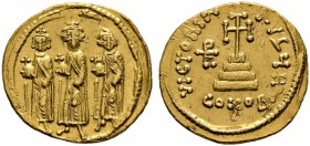 Heraclius 610-641 
Solidus 639/641 -Constantinopolis-. 8. Offizin. Drei Kaiser (Heraclius, Heraclius Constantinus und Heraclonas) mit Kreuzgloben von...