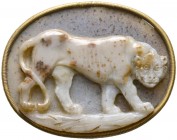 Querovaler Kameo aus Schichtenachat in Goldfassung. Klassizistisch um 1800, wohl aus Italien. Nach rechts schreitender Löwe oder Leopard, das Gesicht ...