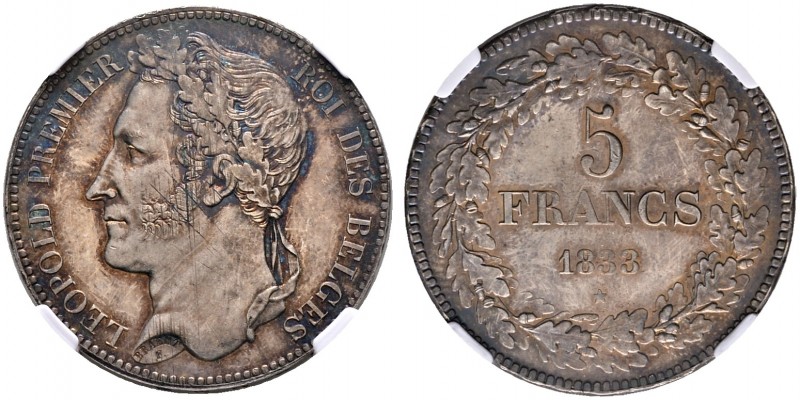 Belgien-Königreich. Leopold I. 1830-1865 
5 Francs 1833. KM 3.1, Dav. 50. In US...