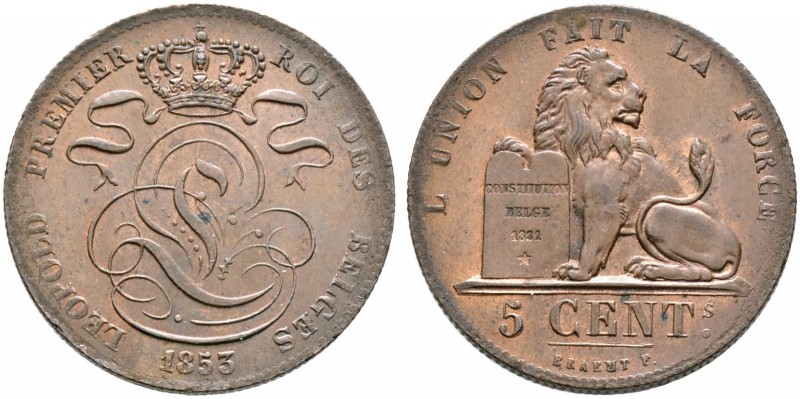 Belgien-Königreich. Leopold I. 1830-1865 
Cu-5 Centimes 1853. KM 5.1.
sehr sel...