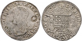 Belgien-Brabant. Philipp II. von Spanien 1555-1598 
Philippstaler (Ecu philippe) 1557 -Maastricht-. Mit Gegenstempel "Löwenschild im geperlten Oval" ...