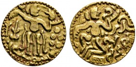 Ceylon (Sri Lanka). Kalinga-Dynastie 
Goldstater o.J. (9.-13. Jh.). Nach rechts stehender Herrscher, davor Kugeln / Nach rechts sitzender Herrscher, ...