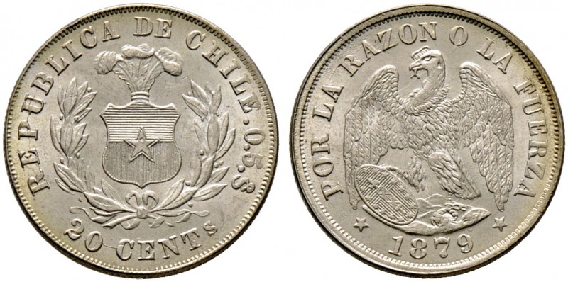 Chile. Republik 
20 Centavos 1879. KM 138.2.
prägefrisches Prachtexemplar