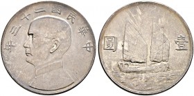 China-Republik. 1. Republik 1912-1949 
Dollar Jahr 23 (1934). Sun Yat-Sen. Y. 345, Kann 624, L./M. 110, Dav. 223.
selten in dieser Erhaltung, feine ...