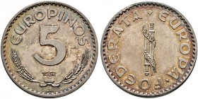 Europa. ECU-Währung in Europa 
Probeprägung für eine gemeinsame Europawährung zu 5 Europinos 1952. Stempel von Hanisch-Concee. Geprägt in der Hamburg...