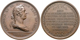 Frankreich-Königreich. Louis XV. 1715-1774 
Bronzemedaille 1729 von Duvivier, auf die Geburt des Dauphins. Belorbeertes Brustbild des Königs mit Zopf...