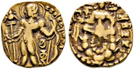 Indien-Gupta Empire. Chandragupta II. Vikramaditya 380-414 
Goldstater. König mit Pfeil und Bogen nach links stehend, links Garuda-Standarte / Lakshm...